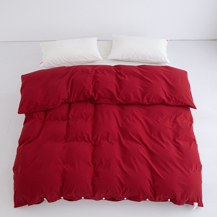 91家纺网 家纺一手货源 找家纺 安莱生活 2023新款水洗棉全棉色织高支高密纽扣款工艺单品被套 大红