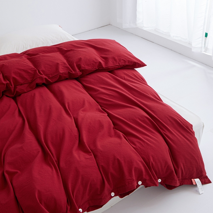 91家纺网 家纺一手货源 找家纺 安莱生活 2023新款水洗棉全棉色织高支高密纽扣款工艺单品被套 大红