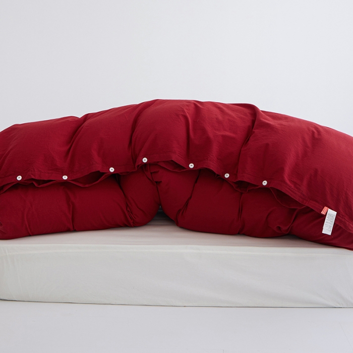 91家纺网 家纺一手货源 找家纺 安莱生活 2023新款水洗棉全棉色织高支高密纽扣款工艺单品被套 大红