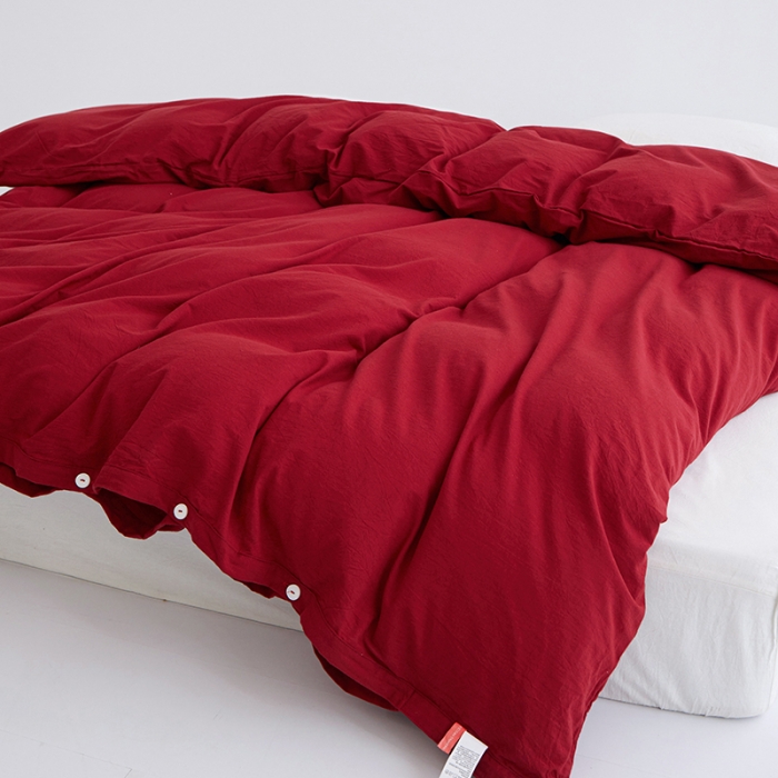 91家纺网 家纺一手货源 找家纺 安莱生活 2023新款水洗棉全棉色织高支高密纽扣款工艺单品被套 大红