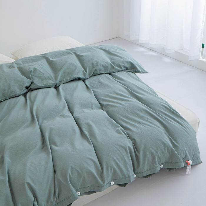 91家纺网 家纺一手货源 找家纺 安莱生活 2023新款水洗棉全棉色织高支高密纽扣款工艺单品被套 灰绿