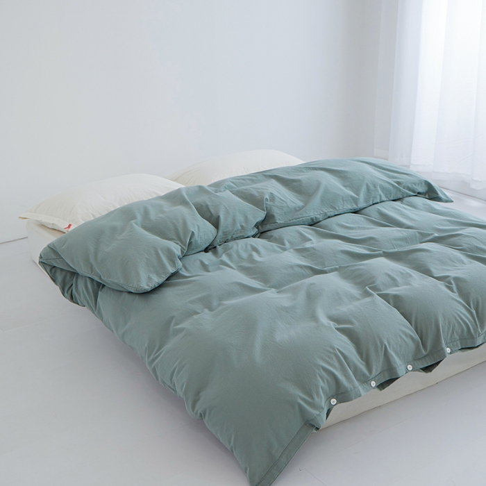 91家纺网 家纺一手货源 找家纺 安莱生活 2023新款水洗棉全棉色织高支高密纽扣款工艺单品被套 灰绿