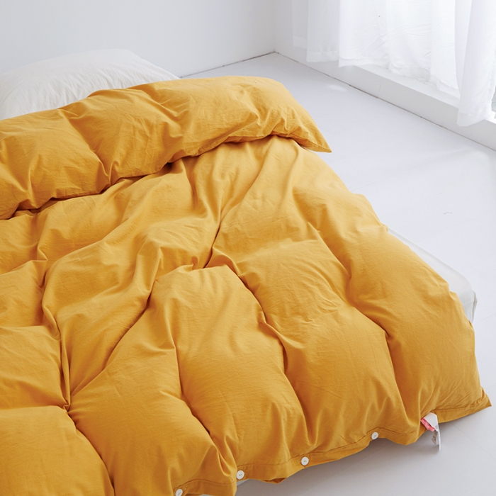 91家纺网 家纺一手货源 找家纺 安莱生活 2023新款水洗棉全棉色织高支高密纽扣款工艺单品被套 姜黄