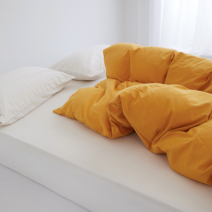 91家纺网 家纺一手货源 找家纺 安莱生活 2023新款水洗棉全棉色织高支高密纽扣款工艺单品被套 姜黄