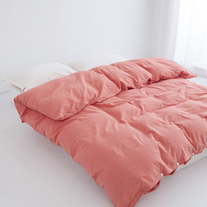 91家纺网 家纺一手货源 找家纺 安莱生活 2023新款水洗棉全棉色织高支高密纽扣款工艺单品被套 橘红