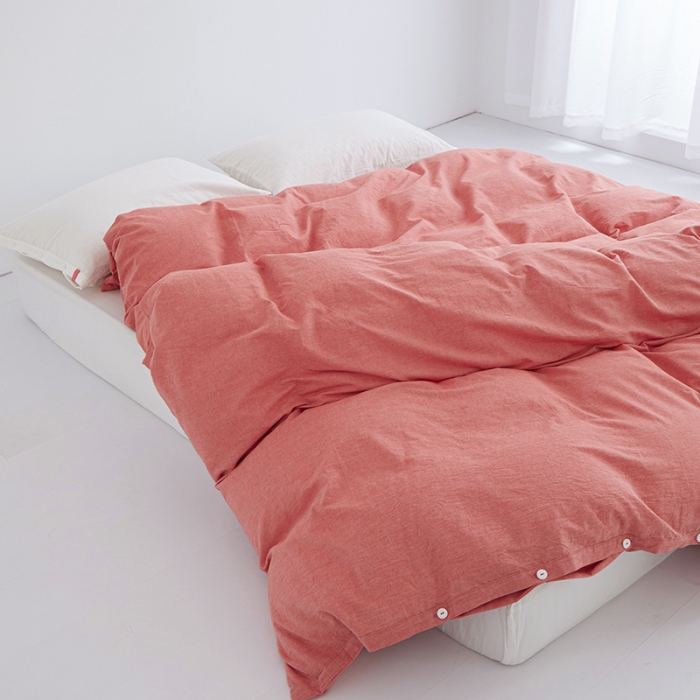 91家纺网 家纺一手货源 找家纺 安莱生活 2023新款水洗棉全棉色织高支高密纽扣款工艺单品被套 橘红