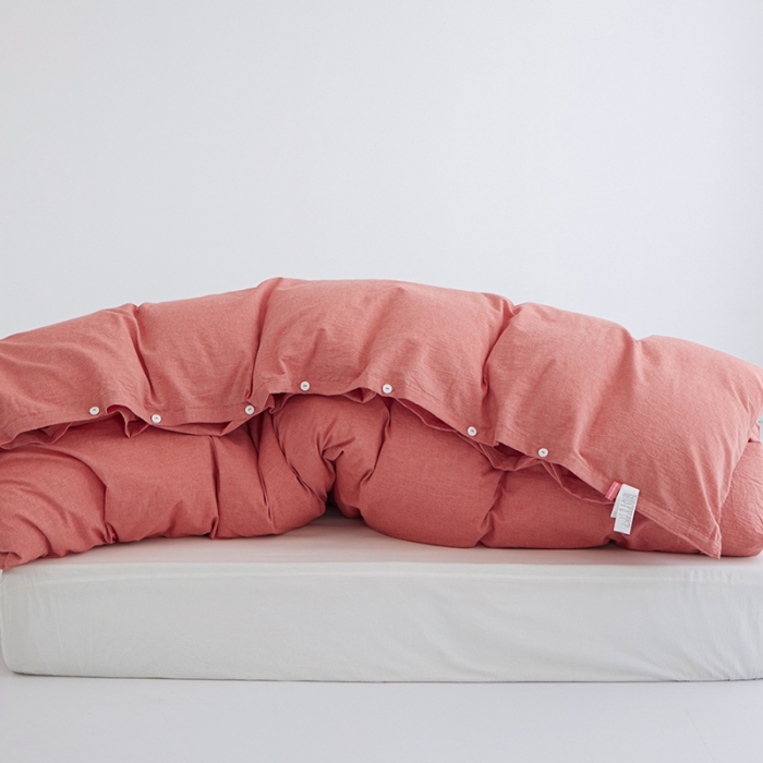 91家纺网 家纺一手货源 找家纺 安莱生活 2023新款水洗棉全棉色织高支高密纽扣款工艺单品被套 橘红