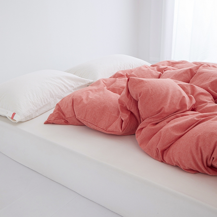 91家纺网 家纺一手货源 找家纺 安莱生活 2023新款水洗棉全棉色织高支高密纽扣款工艺单品被套 橘红