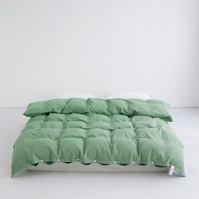 91家纺网 家纺一手货源 找家纺 安莱生活 2023新款水洗棉全棉色织高支高密纽扣款工艺单品被套 嫩绿