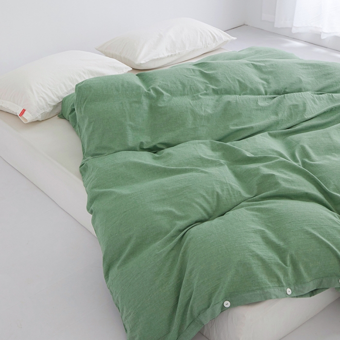 91家纺网 家纺一手货源 找家纺 安莱生活 2023新款水洗棉全棉色织高支高密纽扣款工艺单品被套 嫩绿