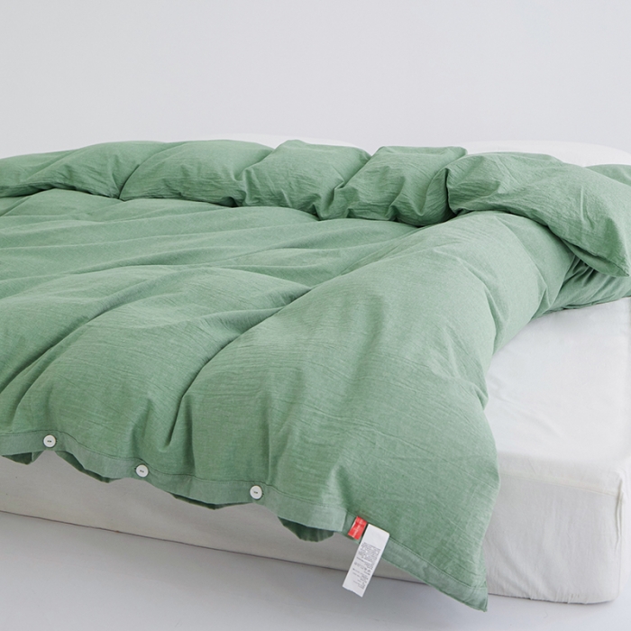 91家纺网 家纺一手货源 找家纺 安莱生活 2023新款水洗棉全棉色织高支高密纽扣款工艺单品被套 嫩绿