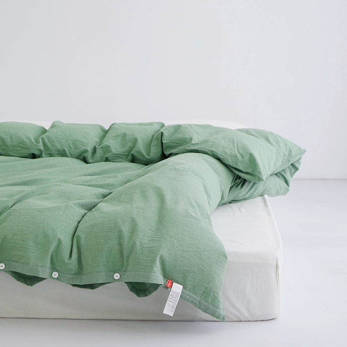 91家纺网 家纺一手货源 找家纺 安莱生活 2023新款水洗棉全棉色织高支高密纽扣款工艺单品被套 嫩绿