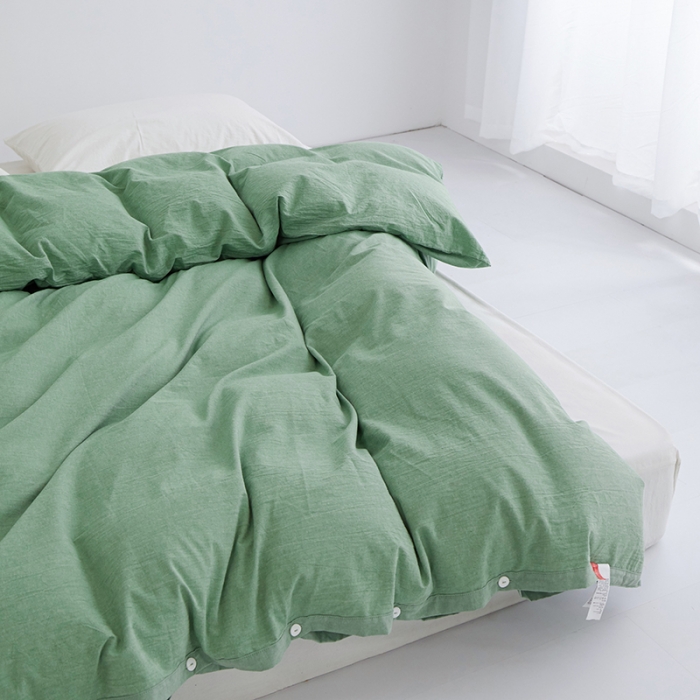 91家纺网 家纺一手货源 找家纺 安莱生活 2023新款水洗棉全棉色织高支高密纽扣款工艺单品被套 嫩绿