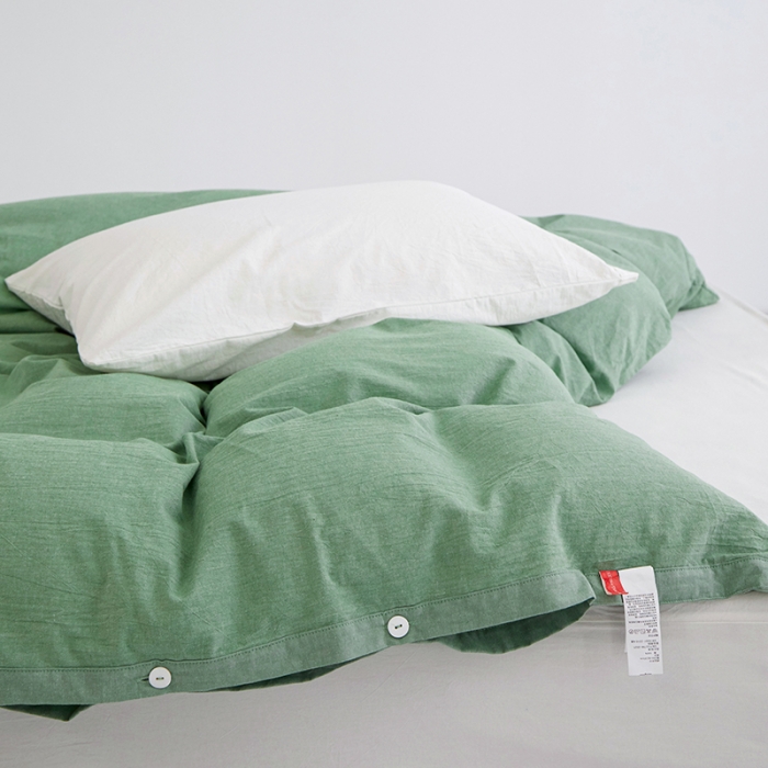 91家纺网 家纺一手货源 找家纺 安莱生活 2023新款水洗棉全棉色织高支高密纽扣款工艺单品被套 嫩绿