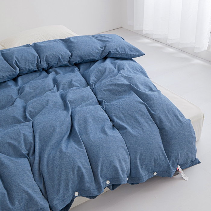 91家纺网 家纺一手货源 找家纺 安莱生活 2023新款水洗棉全棉色织高支高密纽扣款工艺单品被套 深蓝