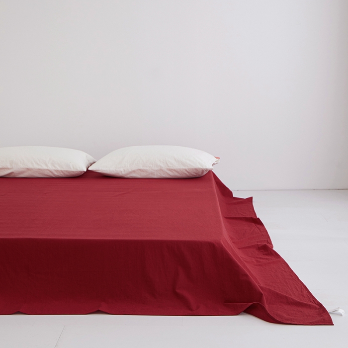 91家纺网 家纺一手货源 找家纺 安莱生活 2023新款水洗棉全棉色织高支高密纽扣款工艺单品床单 大红