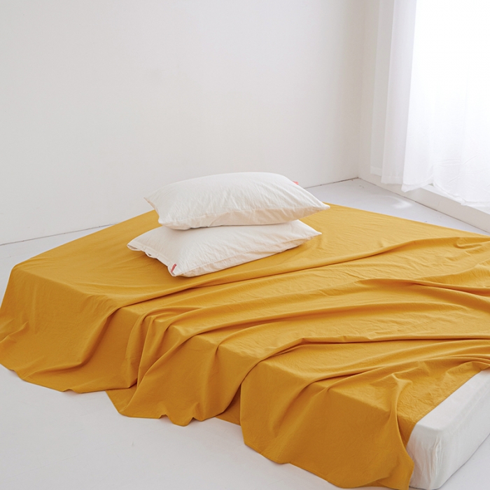 91家纺网 家纺一手货源 找家纺 安莱生活 2023新款水洗棉全棉色织高支高密纽扣款工艺单品床单 姜黄