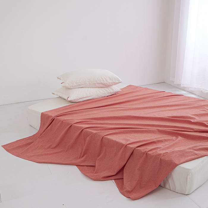 91家纺网 家纺一手货源 找家纺 安莱生活 2023新款水洗棉全棉色织高支高密纽扣款工艺单品床单 橘红