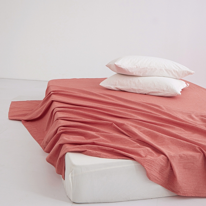 91家纺网 家纺一手货源 找家纺 安莱生活 2023新款水洗棉全棉色织高支高密纽扣款工艺单品床单 橘红