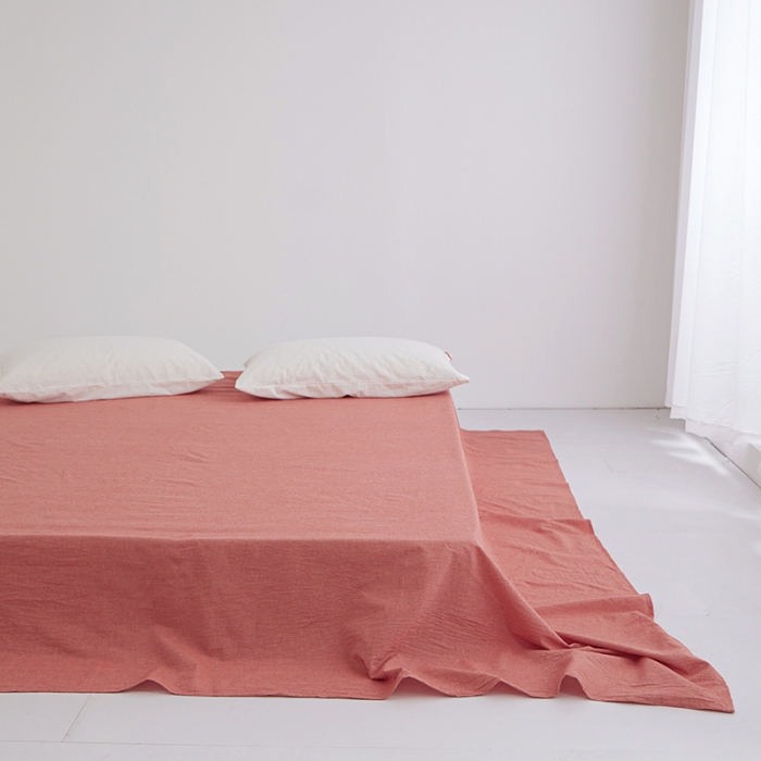 91家纺网 家纺一手货源 找家纺 安莱生活 2023新款水洗棉全棉色织高支高密纽扣款工艺单品床单 橘红