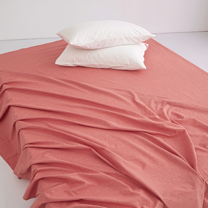 91家纺网 家纺一手货源 找家纺 安莱生活 2023新款水洗棉全棉色织高支高密纽扣款工艺单品床单 橘红