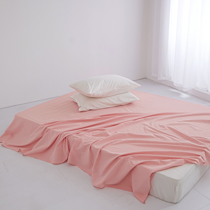 91家纺网 家纺一手货源 找家纺 安莱生活 2023新款水洗棉全棉色织高支高密纽扣款工艺单品床单 嫩粉