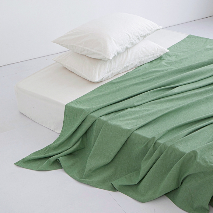 91家纺网 家纺一手货源 找家纺 安莱生活 2023新款水洗棉全棉色织高支高密纽扣款工艺单品床单 嫩绿