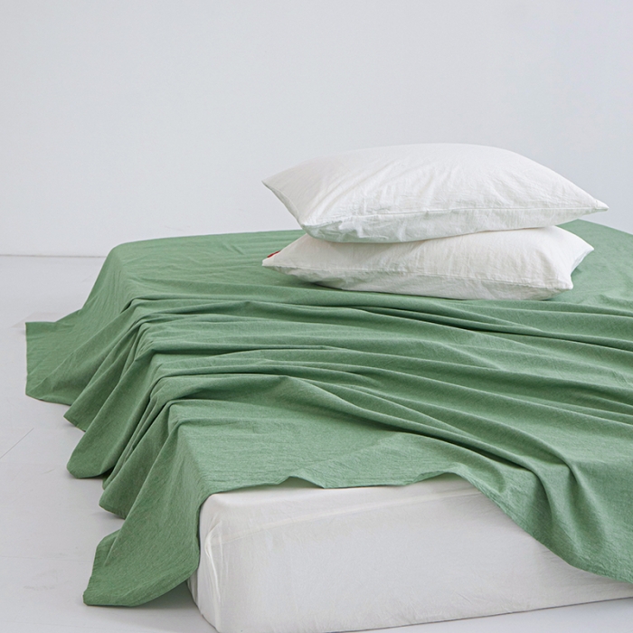 91家纺网 家纺一手货源 找家纺 安莱生活 2023新款水洗棉全棉色织高支高密纽扣款工艺单品床单 嫩绿