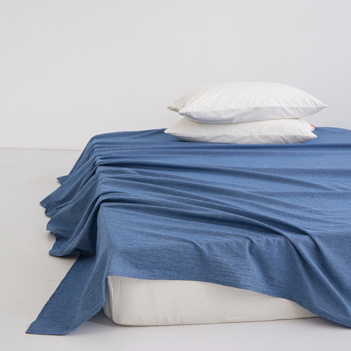 91家纺网 家纺一手货源 找家纺 安莱生活 2023新款水洗棉全棉色织高支高密纽扣款工艺单品床单 深蓝