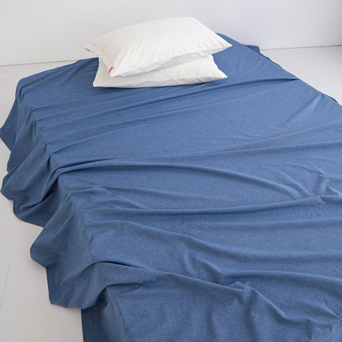 91家纺网 家纺一手货源 找家纺 安莱生活 2023新款水洗棉全棉色织高支高密纽扣款工艺单品床单 深蓝