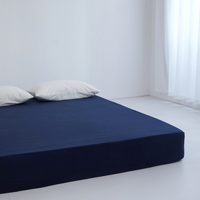 91家纺网 家纺一手货源 找家纺 安莱生活 2023新款水洗棉全棉色织高支高密纽扣款工艺单品床笠 藏青