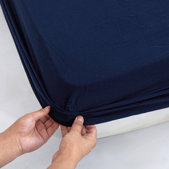 91家纺网 家纺一手货源 找家纺 安莱生活 2023新款水洗棉全棉色织高支高密纽扣款工艺单品床笠 藏青