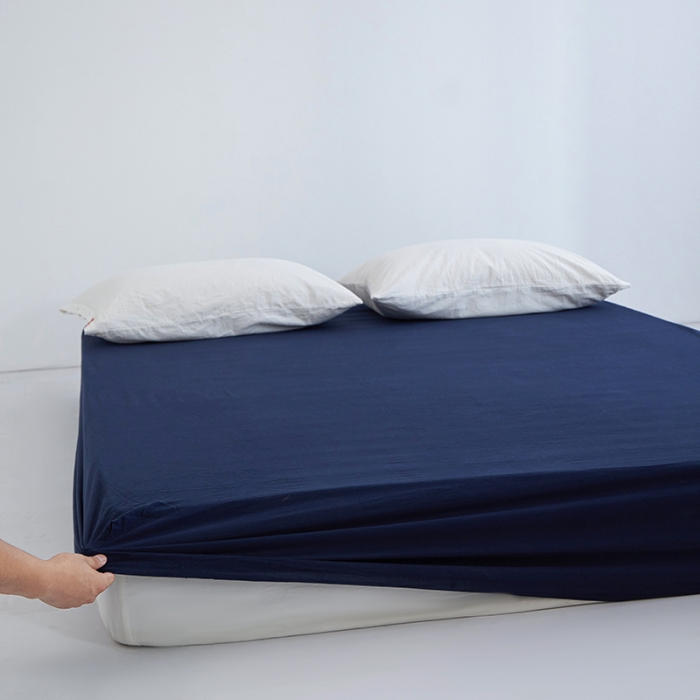 91家纺网 家纺一手货源 找家纺 安莱生活 2023新款水洗棉全棉色织高支高密纽扣款工艺单品床笠 藏青