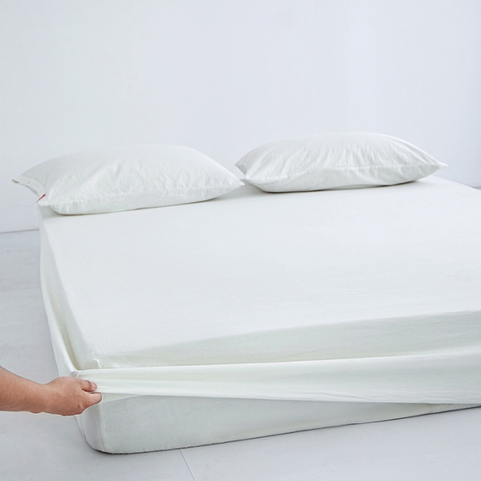 91家纺网 家纺一手货源 找家纺 安莱生活 2023新款水洗棉全棉色织高支高密纽扣款工艺单品床笠 纯白