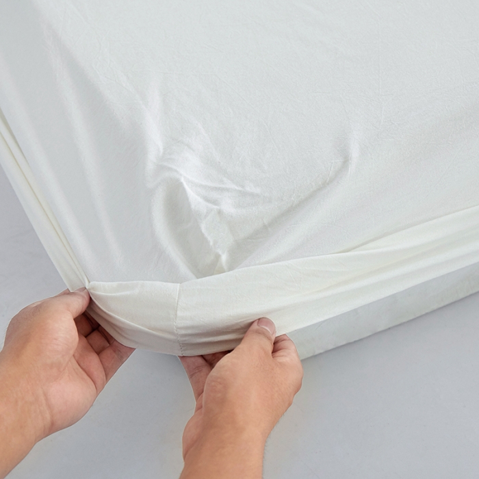 91家纺网 家纺一手货源 找家纺 安莱生活 2023新款水洗棉全棉色织高支高密纽扣款工艺单品床笠 纯白