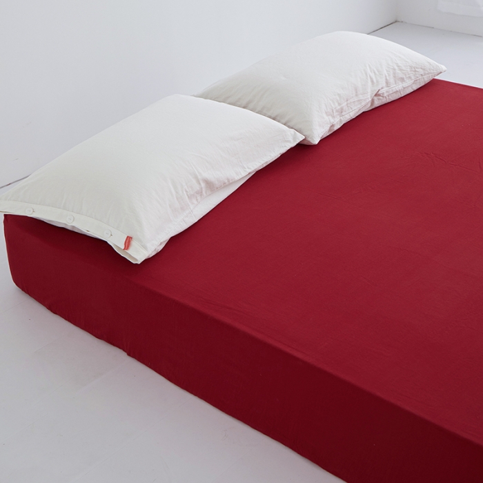 91家纺网 家纺一手货源 找家纺 安莱生活 2023新款水洗棉全棉色织高支高密纽扣款工艺单品床笠 大红