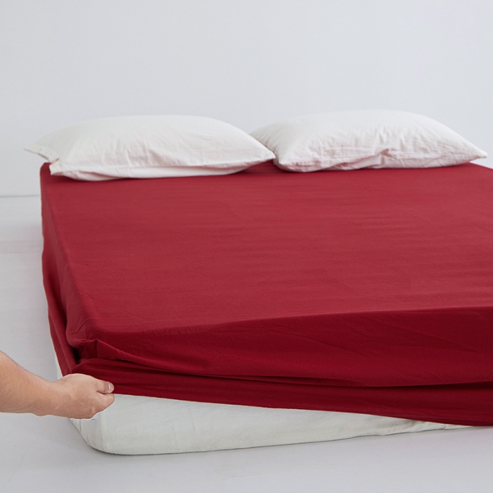 91家纺网 家纺一手货源 找家纺 安莱生活 2023新款水洗棉全棉色织高支高密纽扣款工艺单品床笠 大红