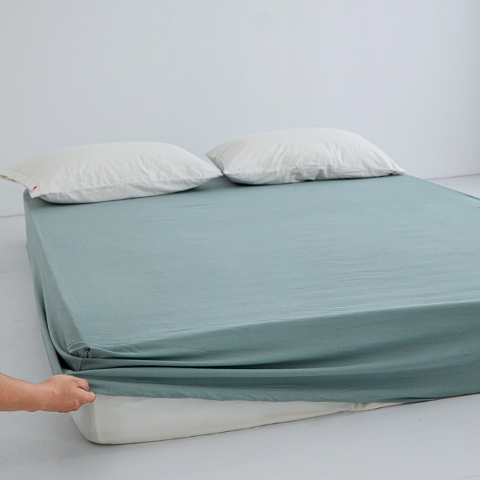 91家纺网 家纺一手货源 找家纺 安莱生活 2023新款水洗棉全棉色织高支高密纽扣款工艺单品床笠 灰绿