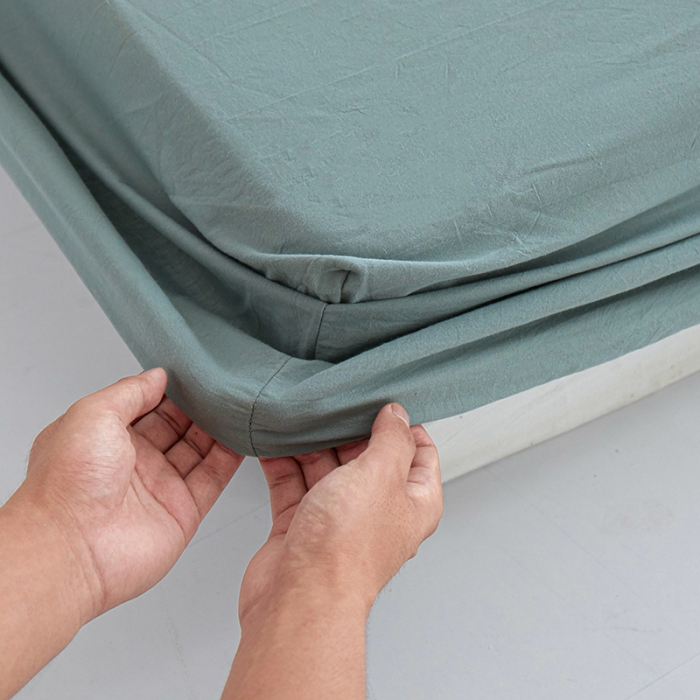 91家纺网 家纺一手货源 找家纺 安莱生活 2023新款水洗棉全棉色织高支高密纽扣款工艺单品床笠 灰绿