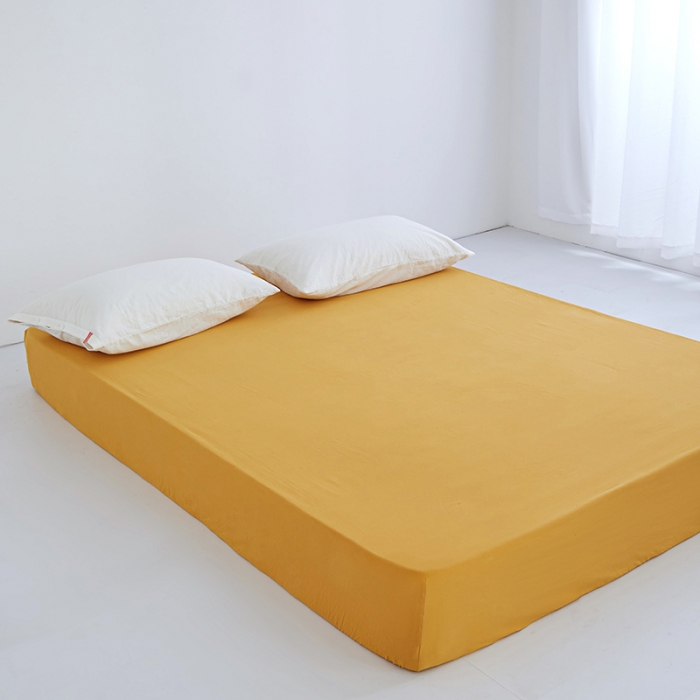 91家纺网 家纺一手货源 找家纺 安莱生活 2023新款水洗棉全棉色织高支高密纽扣款工艺单品床笠 姜黄