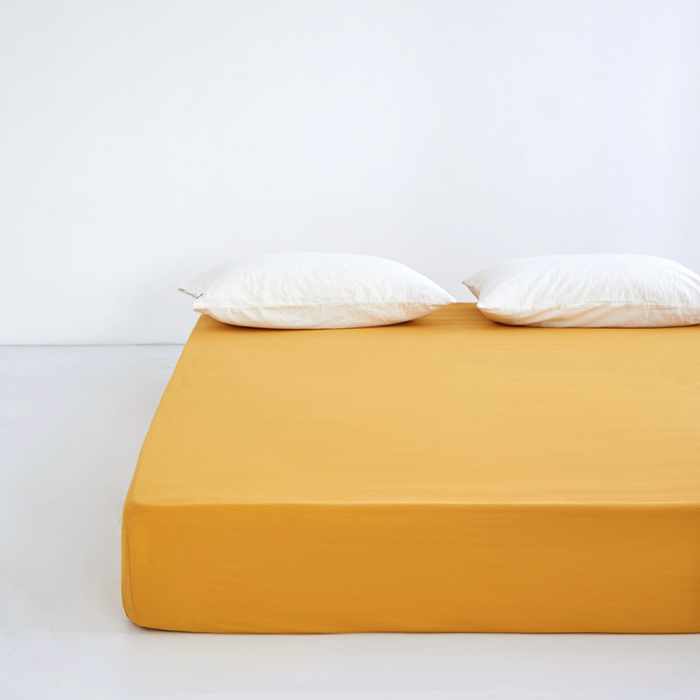 91家纺网 家纺一手货源 找家纺 安莱生活 2023新款水洗棉全棉色织高支高密纽扣款工艺单品床笠 姜黄