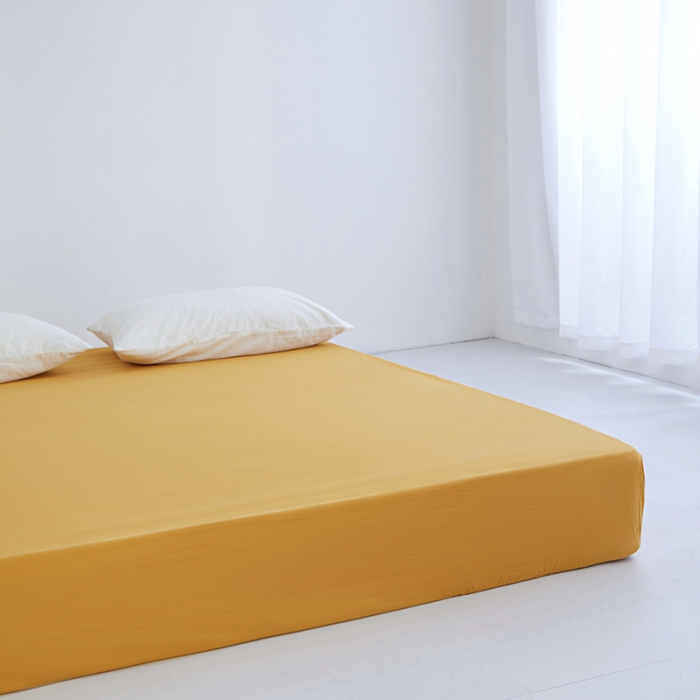 91家纺网 家纺一手货源 找家纺 安莱生活 2023新款水洗棉全棉色织高支高密纽扣款工艺单品床笠 姜黄