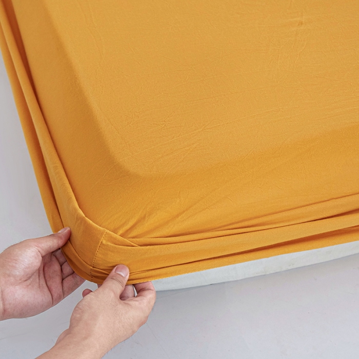 91家纺网 家纺一手货源 找家纺 安莱生活 2023新款水洗棉全棉色织高支高密纽扣款工艺单品床笠 姜黄