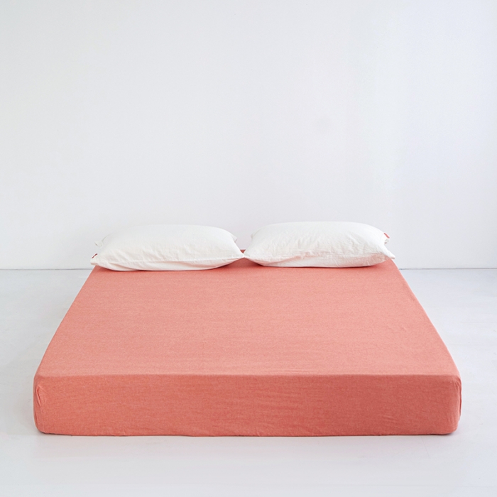 91家纺网 家纺一手货源 找家纺 安莱生活 2023新款水洗棉全棉色织高支高密纽扣款工艺单品床笠 橘红