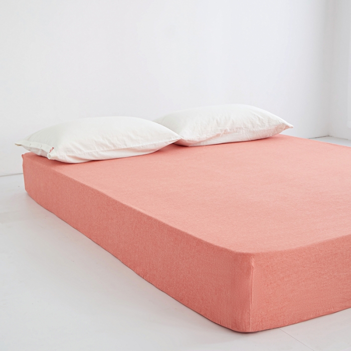 91家纺网 家纺一手货源 找家纺 安莱生活 2023新款水洗棉全棉色织高支高密纽扣款工艺单品床笠 橘红