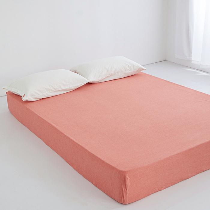 91家纺网 家纺一手货源 找家纺 安莱生活 2023新款水洗棉全棉色织高支高密纽扣款工艺单品床笠 橘红