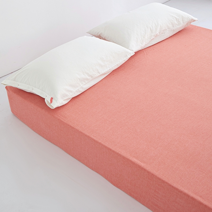 91家纺网 家纺一手货源 找家纺 安莱生活 2023新款水洗棉全棉色织高支高密纽扣款工艺单品床笠 橘红