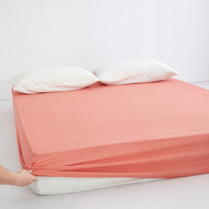 91家纺网 家纺一手货源 找家纺 安莱生活 2023新款水洗棉全棉色织高支高密纽扣款工艺单品床笠 橘红