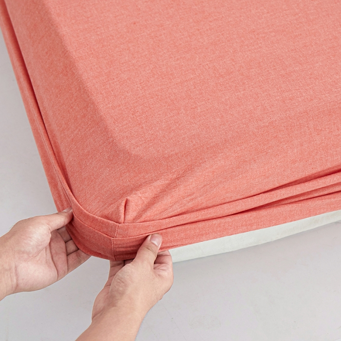 91家纺网 家纺一手货源 找家纺 安莱生活 2023新款水洗棉全棉色织高支高密纽扣款工艺单品床笠 橘红