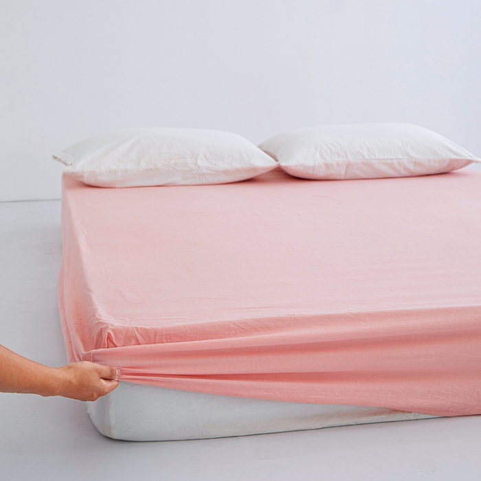 91家纺网 家纺一手货源 找家纺 安莱生活 2023新款水洗棉全棉色织高支高密纽扣款工艺单品床笠 嫩粉